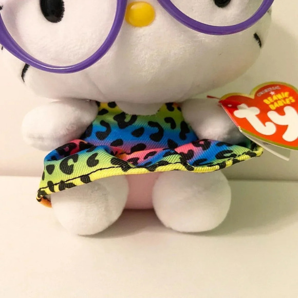 Hello Kitty Ty Beanie Babies Sanrio Plush 6 Inch Purple Glasses Rainbow Dress - Picture 10 of 14